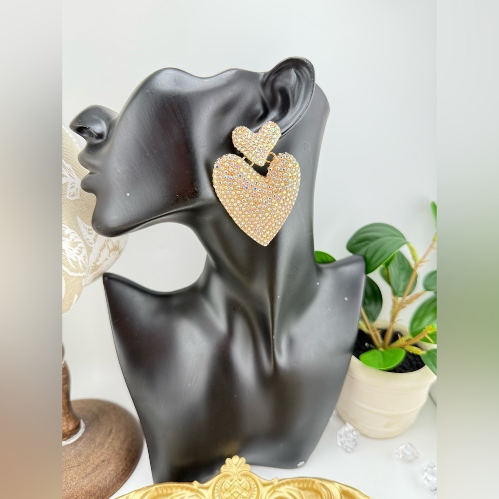 Statement Heart Earrings | Gold-Tone Rhinestone Drop Dangles - Picture 5 of 9